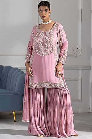 Pink Georgette Cutdana Embroidered Sharara Set by RAJ ARORA ROOP VATIKA