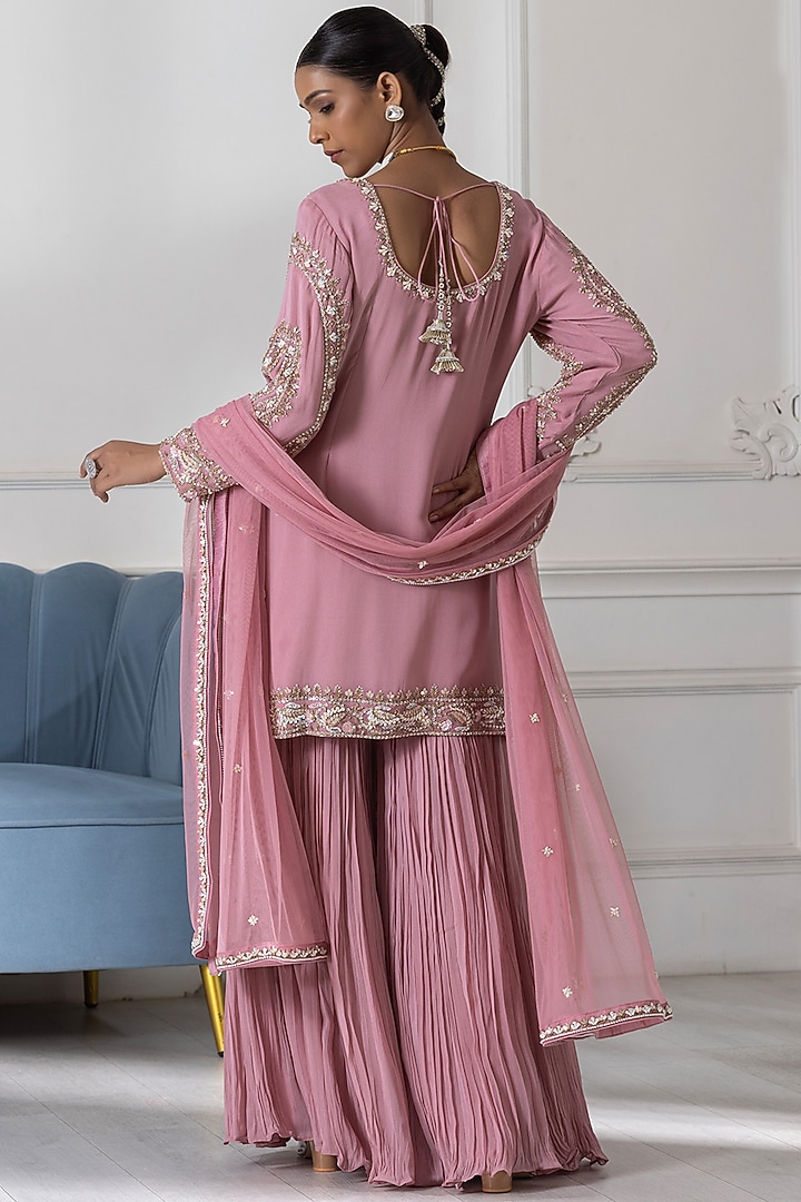 Pink Georgette Cutdana Embroidered Party Wear Sharara Set by RAJ ARORA ROOP VATIKA at Pernia's Pop Up Shop