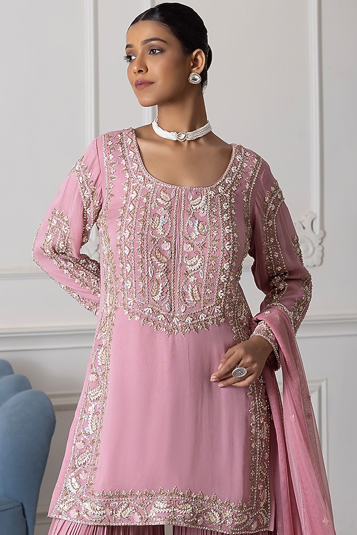 Pink Georgette Cutdana Embroidered Party Wear Sharara Set by RAJ ARORA ROOP VATIKA at Pernia's Pop Up Shop