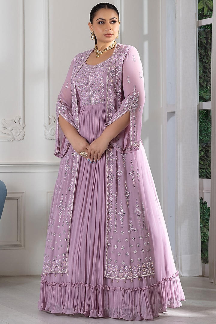 Lilac Georgette Sequins Embroidered Anarkali With Jacket by RAJ ARORA ROOP VATIKA at Pernia's Pop Up Shop