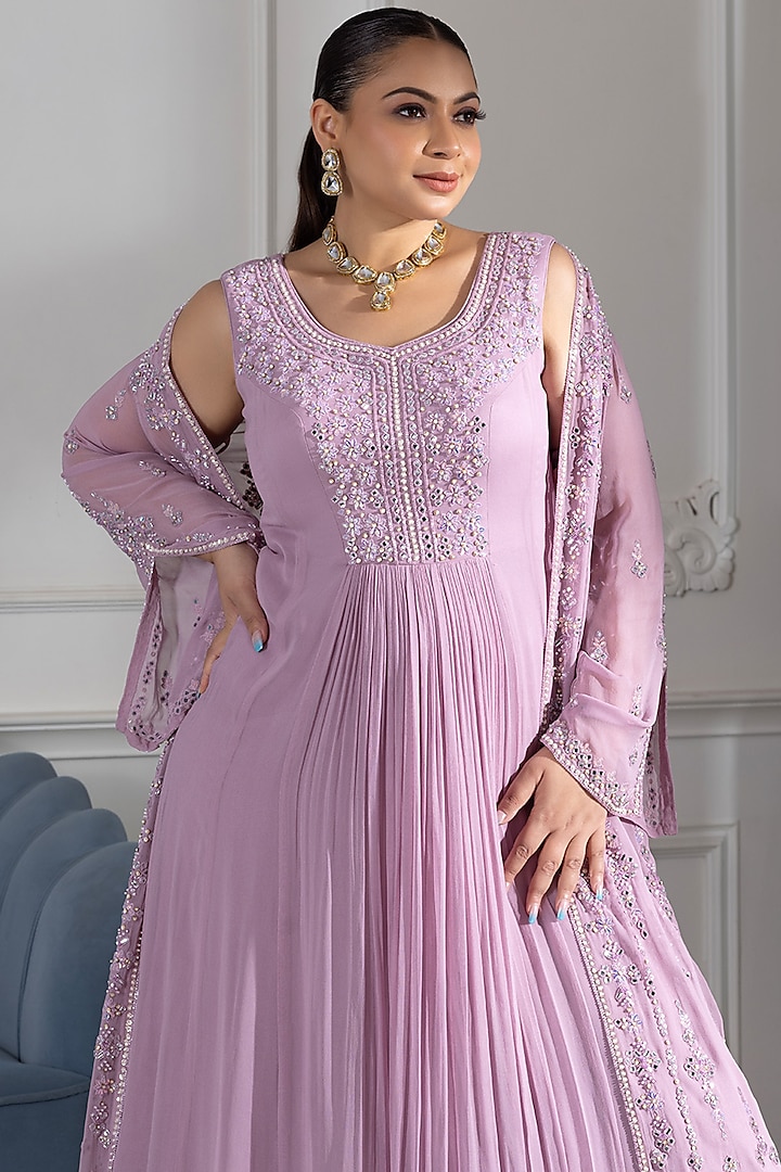 Lilac Georgette Sequins Embroidered Wedding Anarkali With Jacket by RAJ ARORA ROOP VATIKA at Pernia's Pop Up Shop