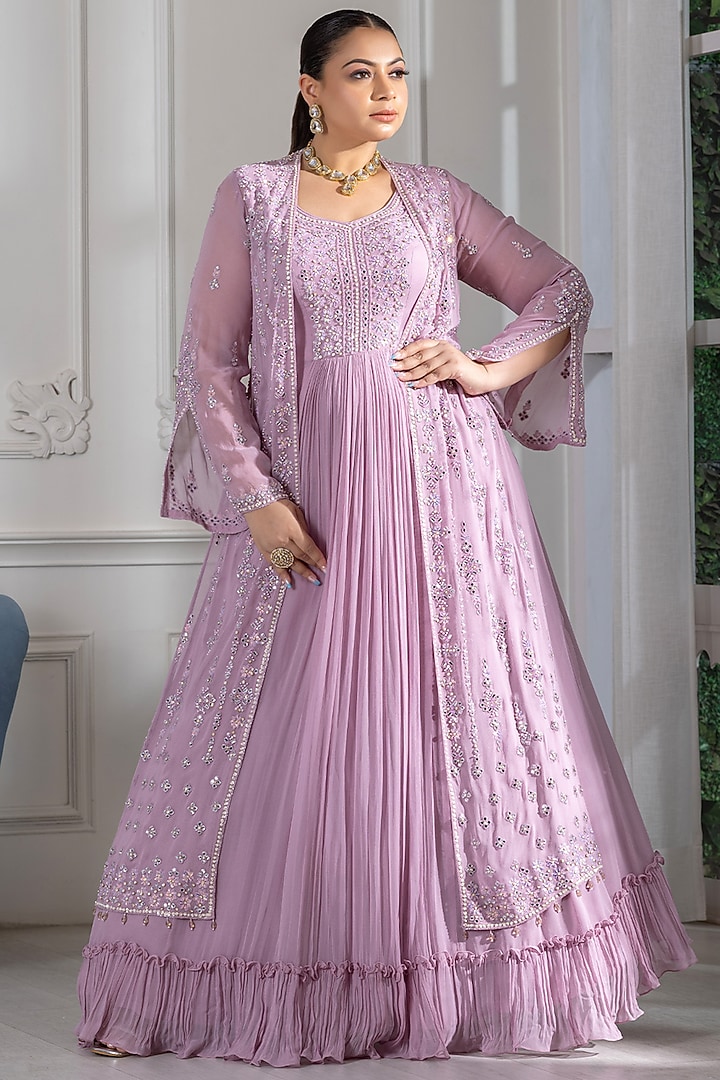 Lilac Georgette Sequins Embroidered Wedding Anarkali With Jacket by RAJ ARORA ROOP VATIKA at Pernia's Pop Up Shop