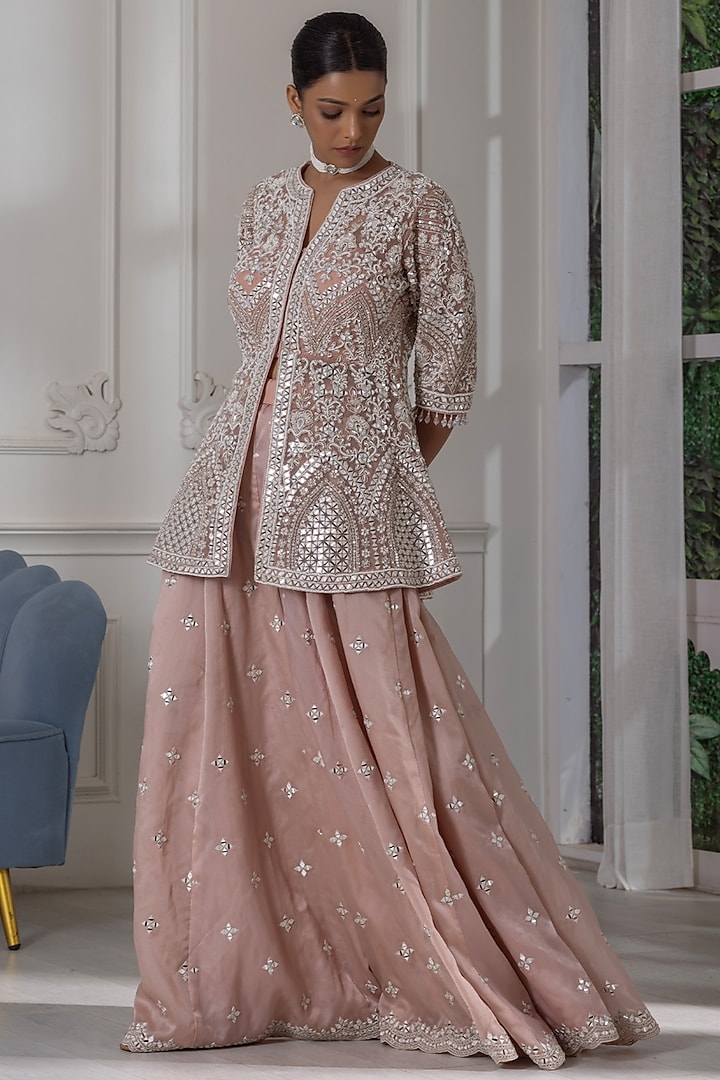 Pastel Pink Organza Pearl Embroidered Sharara Set by RAJ ARORA ROOP VATIKA at Pernia's Pop Up Shop