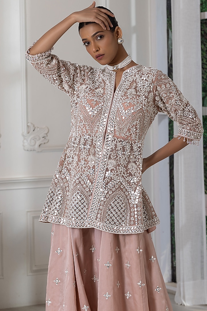 Pastel Pink Organza Pearl Embroidered Wedding Sharara Set by RAJ ARORA ROOP VATIKA at Pernia's Pop Up Shop
