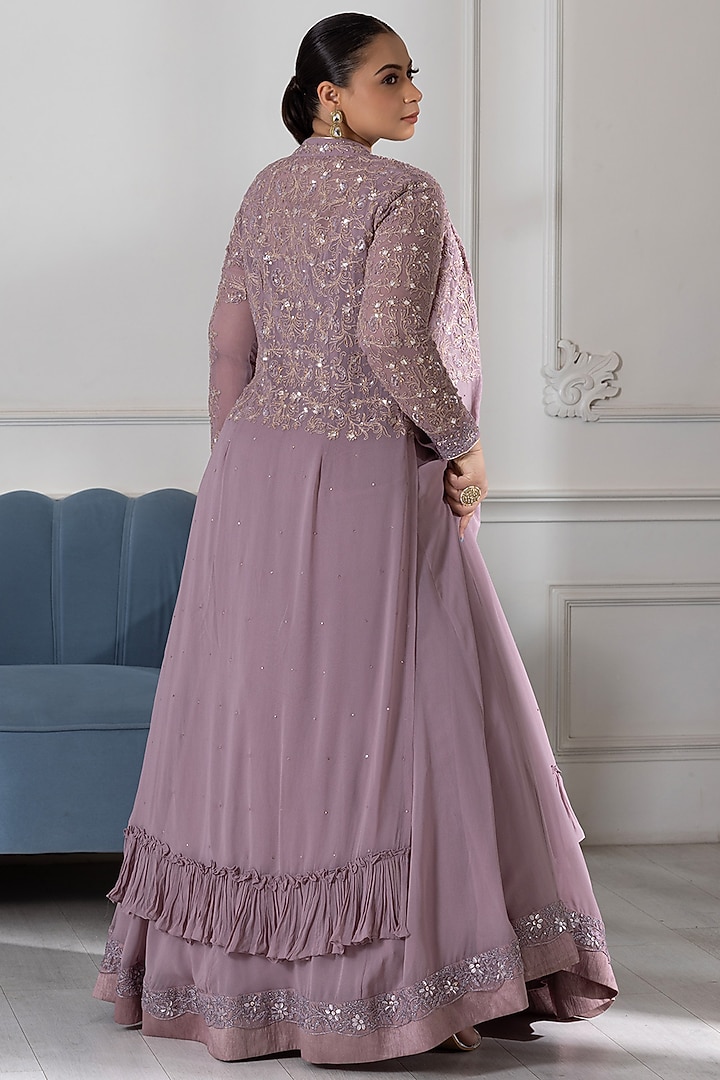 Lilac Georgette Sequins Embroidered Party Wear Anarkali With Jacket by RAJ ARORA ROOP VATIKA at Pernia's Pop Up Shop