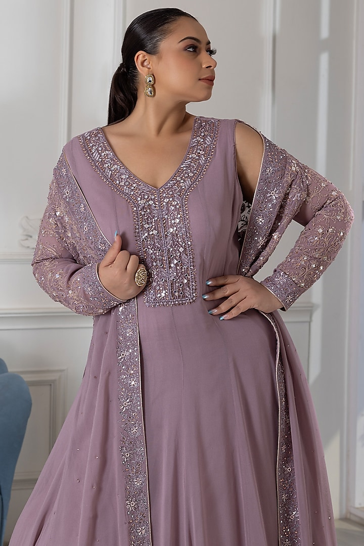 Lilac Georgette Sequins Embroidered Party Wear Anarkali With Jacket by RAJ ARORA ROOP VATIKA at Pernia's Pop Up Shop