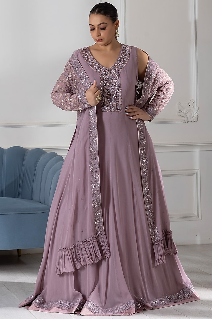 Lilac Georgette Sequins Embroidered Party Wear Anarkali With Jacket by RAJ ARORA ROOP VATIKA at Pernia's Pop Up Shop