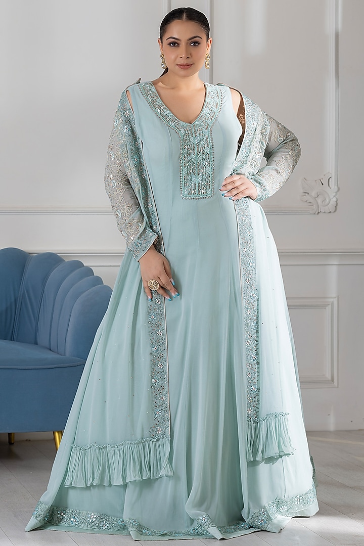 Aqua Green Georgette Sequins Embroidered Anarkali With Jacket by RAJ ARORA ROOP VATIKA at Pernia's Pop Up Shop