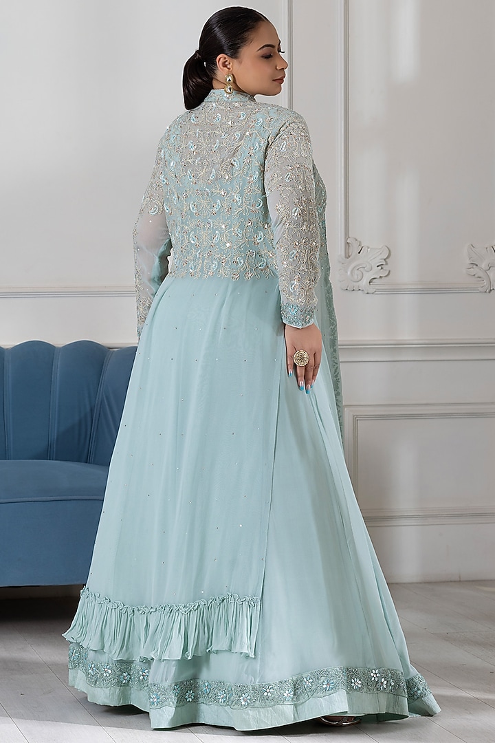 Aqua Green Georgette Sequins Embroidered Party Wear Anarkali With Jacket by RAJ ARORA ROOP VATIKA at Pernia's Pop Up Shop