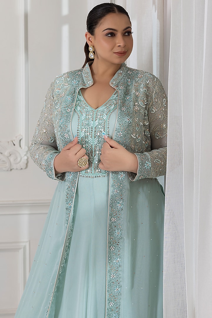 Aqua Green Georgette Sequins Embroidered Party Wear Anarkali With Jacket by RAJ ARORA ROOP VATIKA at Pernia's Pop Up Shop