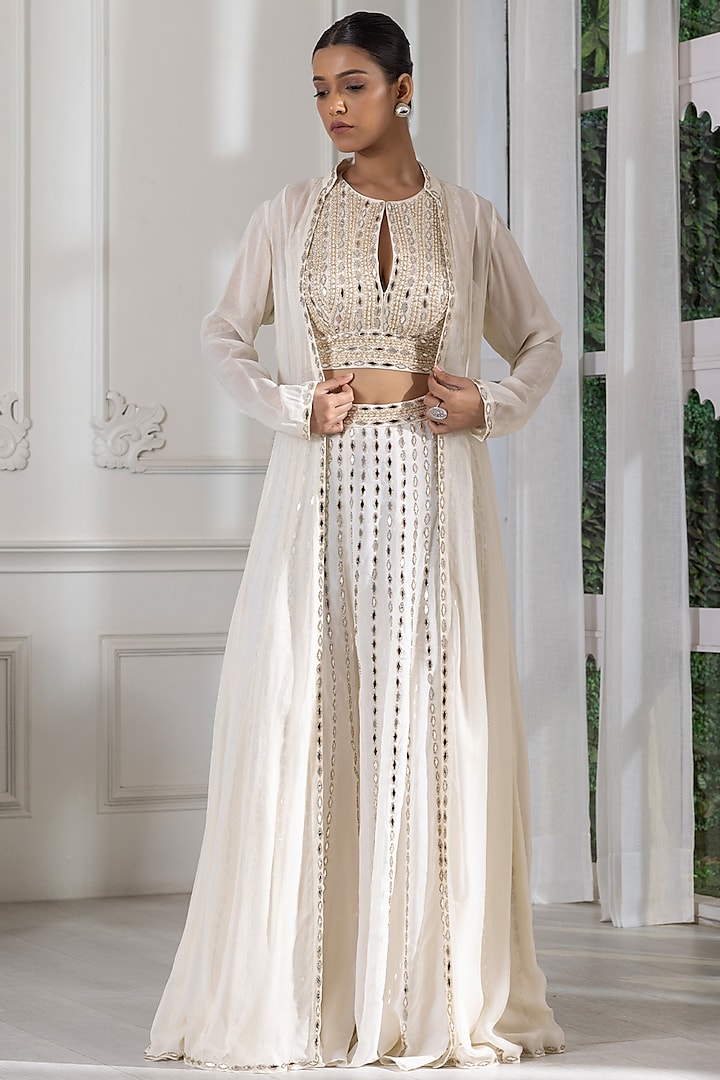 Ivory Georgette Mirror Embroidered Sharara Set by RAJ ARORA ROOP VATIKA at Pernia's Pop Up Shop