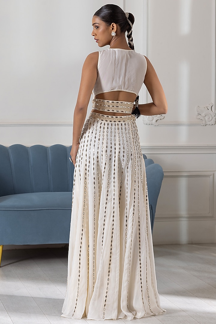 Ivory Georgette Mirror Embroidered Wedding Sharara Set by RAJ ARORA ROOP VATIKA at Pernia's Pop Up Shop
