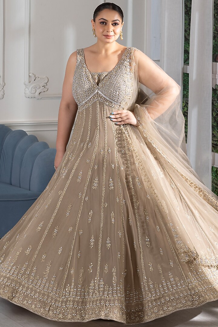 Mehendi Gold Georgette Zari Embroidered Wedding Anarkali Set by RAJ ARORA ROOP VATIKA at Pernia's Pop Up Shop