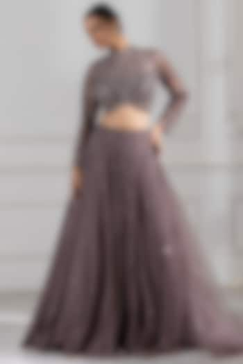 Dark Grey Georgette Cutdana Embrodiered Wedding Lehenga Set by RAJ ARORA ROOP VATIKA at Pernia's Pop Up Shop