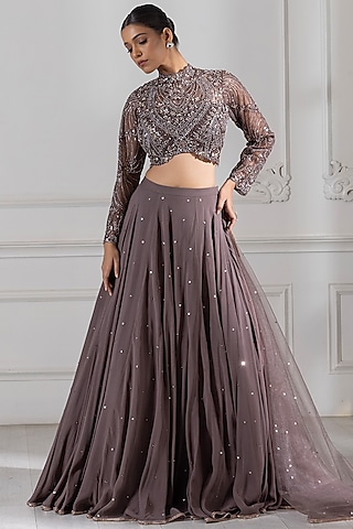 Dark Grey Georgette Cutdana Embrodiered Lehenga Set by RAJ ARORA ROOP VATIKA