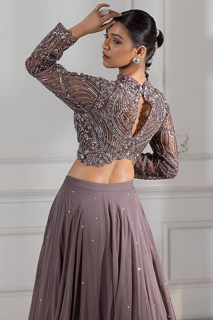 Dark Grey Georgette Cutdana Embrodiered Wedding Lehenga Set by RAJ ARORA ROOP VATIKA at Pernia's Pop Up Shop