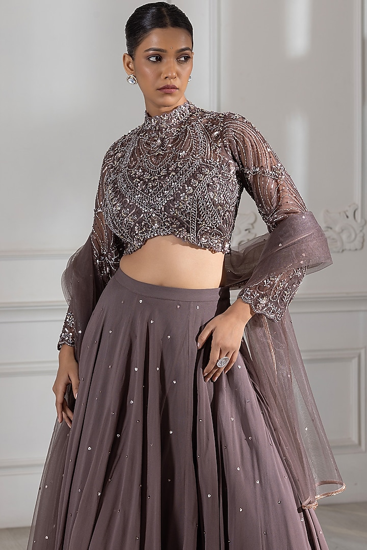 Dark Grey Georgette Cutdana Embrodiered Wedding Lehenga Set by RAJ ARORA ROOP VATIKA at Pernia's Pop Up Shop