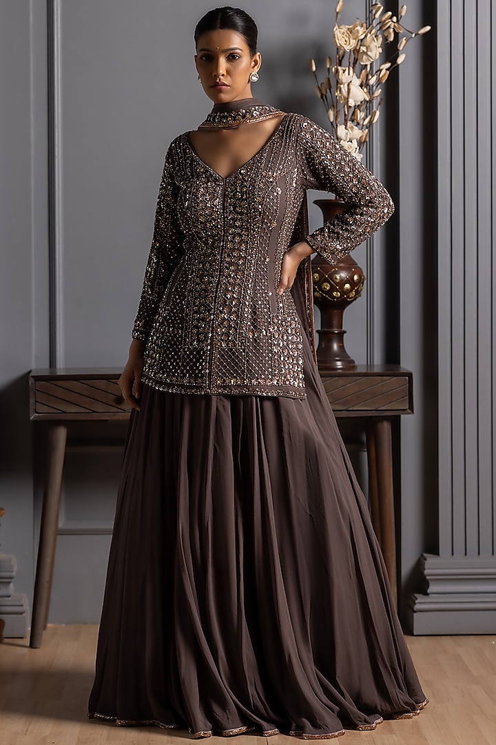 Dark Grey Georgette Cutdana Embrodiered Wedding Lehenga Set by RAJ ARORA ROOP VATIKA at Pernia's Pop Up Shop