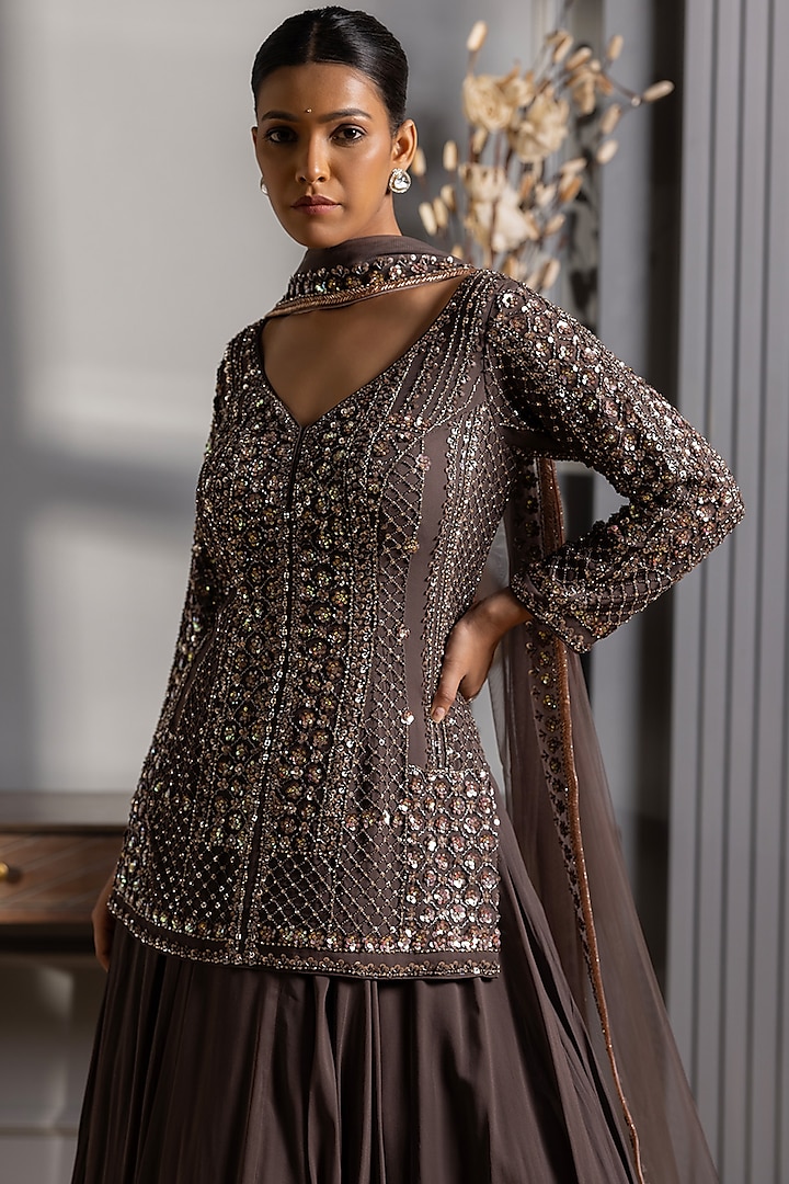 Dark Grey Georgette Cutdana Embrodiered Wedding Lehenga Set by RAJ ARORA ROOP VATIKA at Pernia's Pop Up Shop