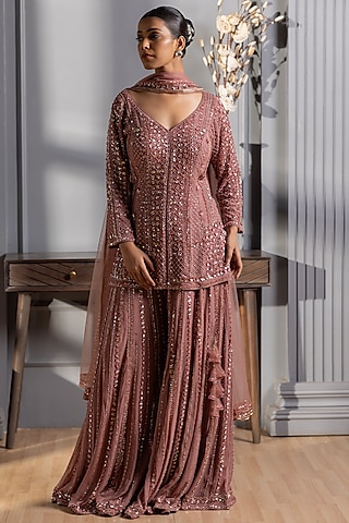 Blush Pink Georgette Cutdana Embroidered Sharara Set by RAJ ARORA ROOP VATIKA
