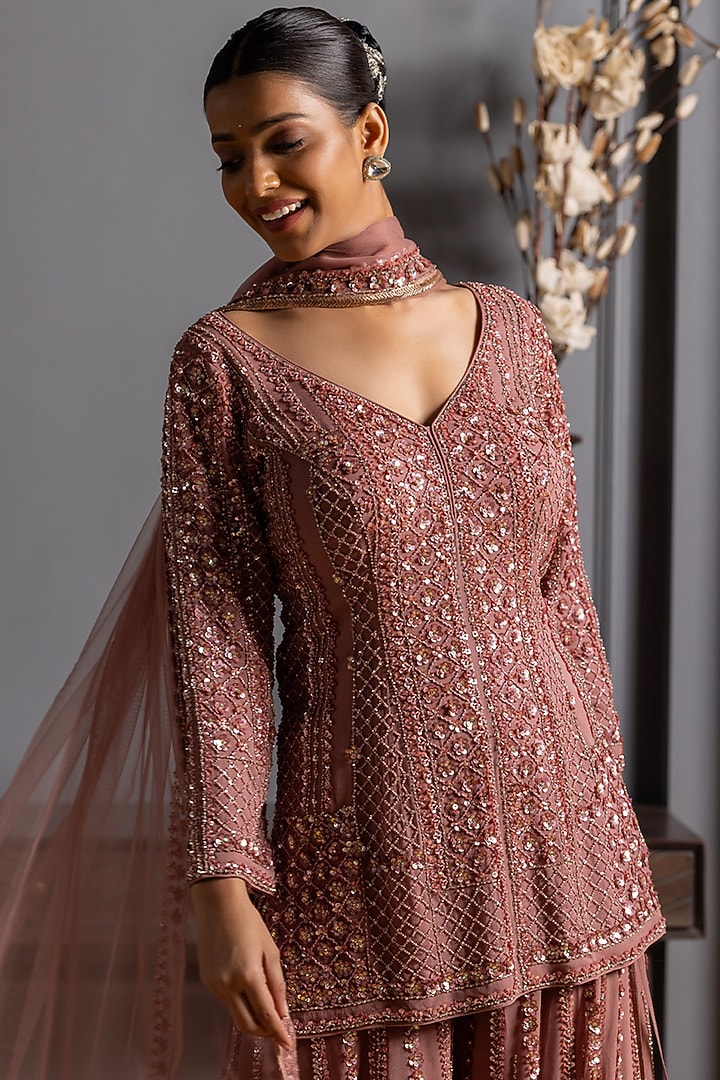 Blush Pink Georgette Cutdana Embroidered Bridal Sharara Set by RAJ ARORA ROOP VATIKA at Pernia's Pop Up Shop
