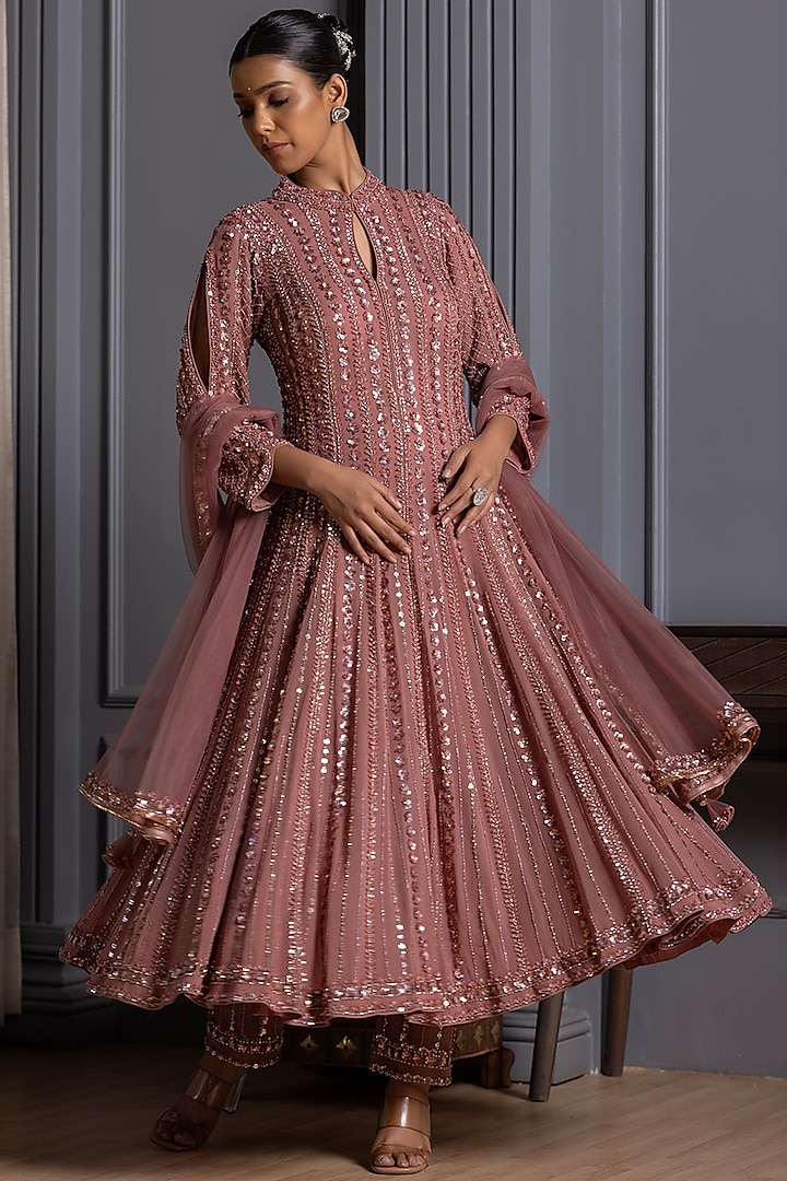 Blush Pink Georgette Cutdana Embroidered Short Anarkali Set by RAJ ARORA ROOP VATIKA at Pernia's Pop Up Shop