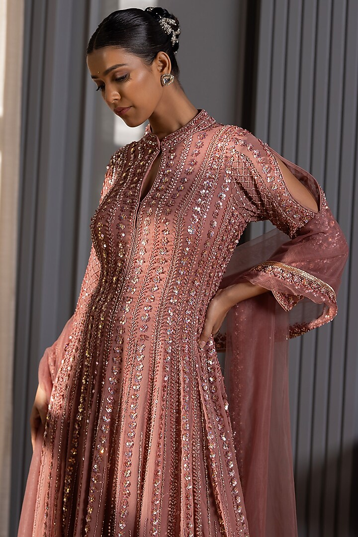 Blush Pink Georgette Cutdana Embroidered Short Wedding Anarkali Set by RAJ ARORA ROOP VATIKA at Pernia's Pop Up Shop