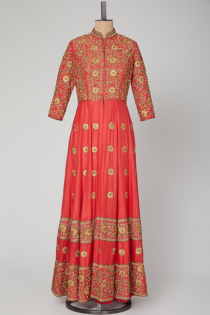 Red Embroidered Jacket With Lehenga by Roora by Ritam