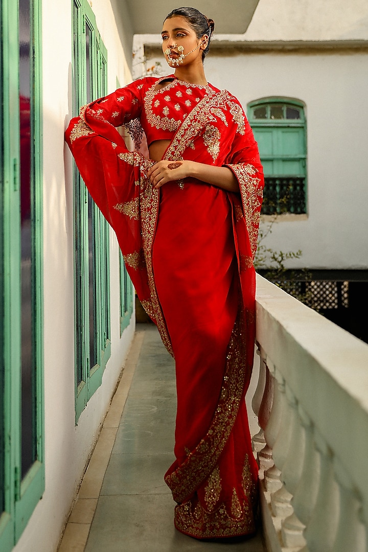 Scarlet Red Viscose Raw Silk Zari Thread Hand Embroidered Saree Set by Rooh By Ridhimaa at Pernia's Pop Up Shop