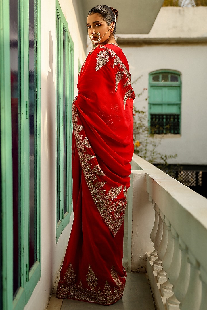 Scarlet Red Viscose Raw Silk Zari Thread Hand Embroidered Wedding Saree Set by RoohbyRidhimaa at Pernia's Pop Up Shop