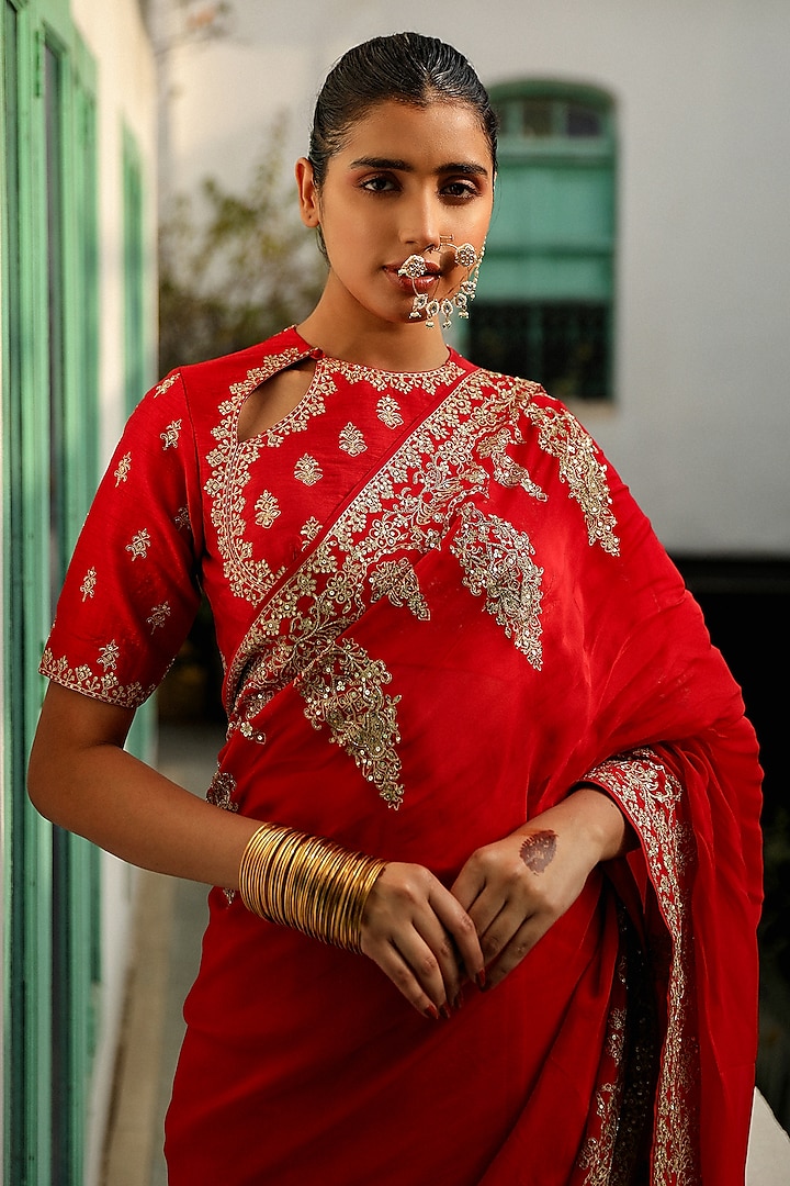 Scarlet Red Viscose Raw Silk Zari Thread Hand Embroidered Wedding Saree Set by RoohbyRidhimaa at Pernia's Pop Up Shop