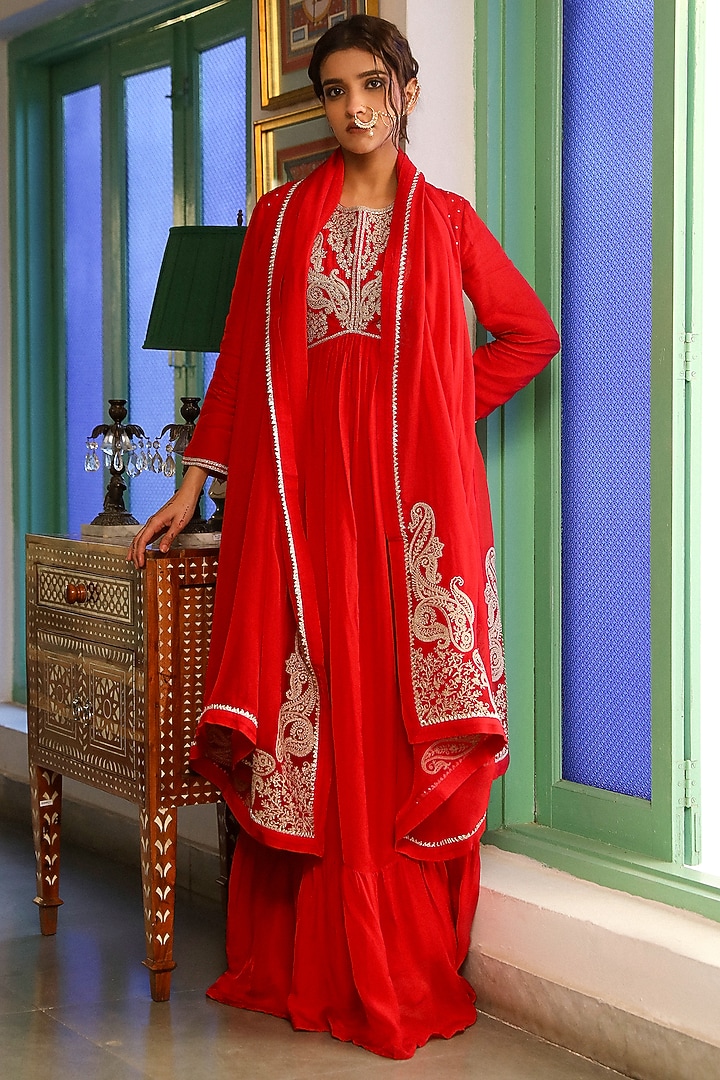 Scarlet Red Silk Crepe Gota Lace Embroidered Wedding Anarkali Set by RoohbyRidhimaa at Pernia's Pop Up Shop