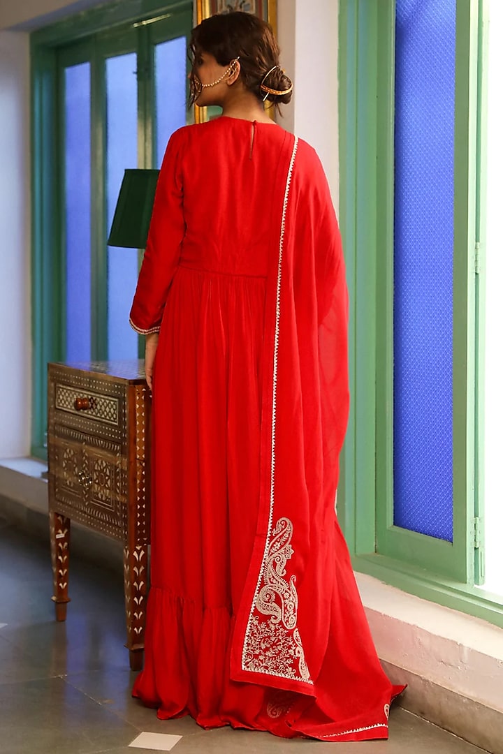Scarlet Red Silk Crepe Gota Lace Embroidered Wedding Anarkali Set by RoohbyRidhimaa at Pernia's Pop Up Shop
