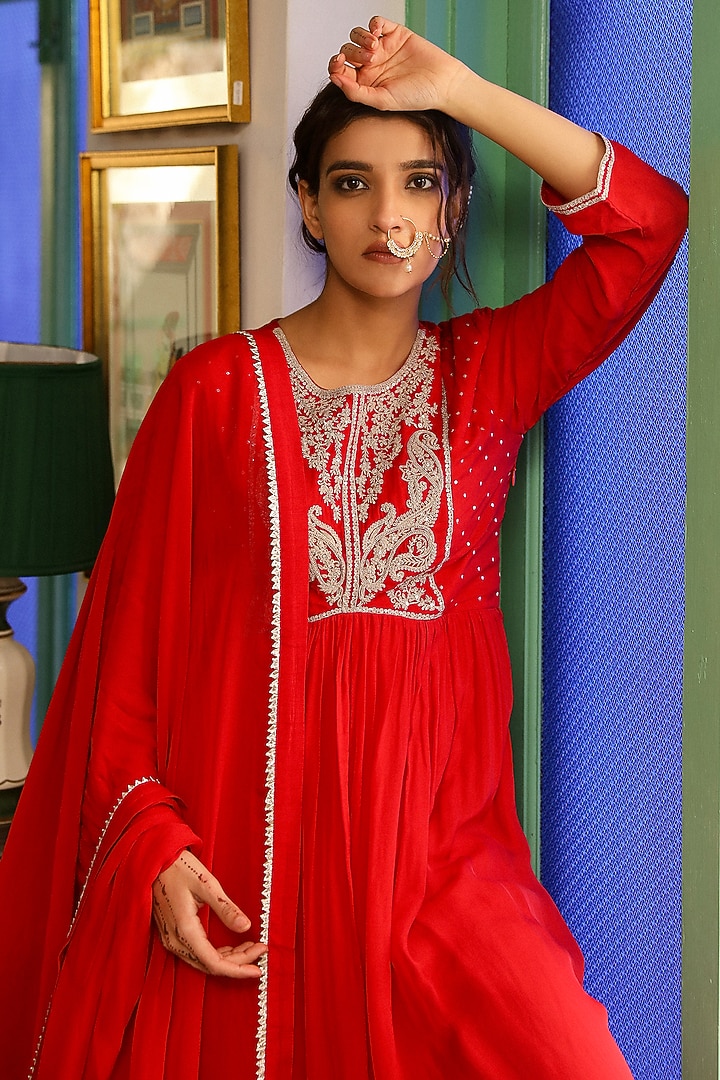 Scarlet Red Silk Crepe Gota Lace Embroidered Wedding Anarkali Set by RoohbyRidhimaa at Pernia's Pop Up Shop