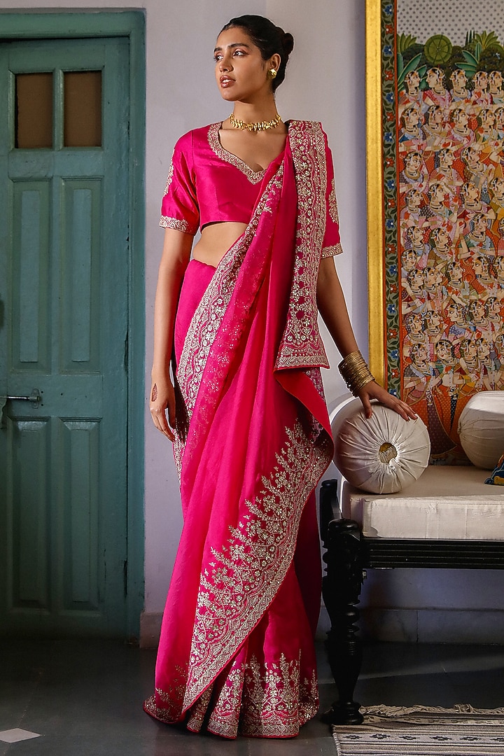 Bright Pink Viscose Raw Silk Zari & Sequins Embroidered Wedding Saree Set by RoohbyRidhimaa at Pernia's Pop Up Shop