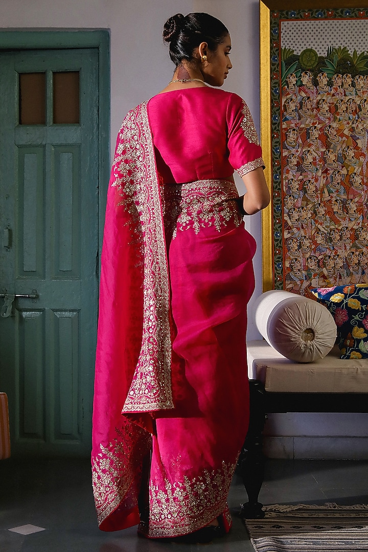 Bright Pink Viscose Raw Silk Zari & Sequins Embroidered Wedding Saree Set by RoohbyRidhimaa at Pernia's Pop Up Shop