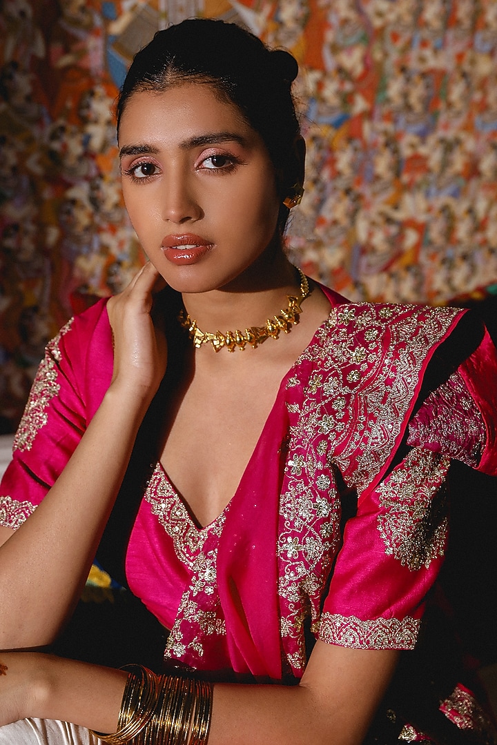 Bright Pink Viscose Raw Silk Zari & Sequins Embroidered Wedding Saree Set by RoohbyRidhimaa at Pernia's Pop Up Shop