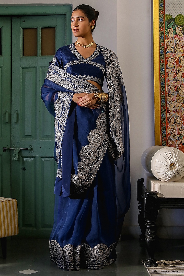 Navy Blue Viscose Raw Silk Zari & Sequins Embroidered Saree Set by Rooh By Ridhimaa