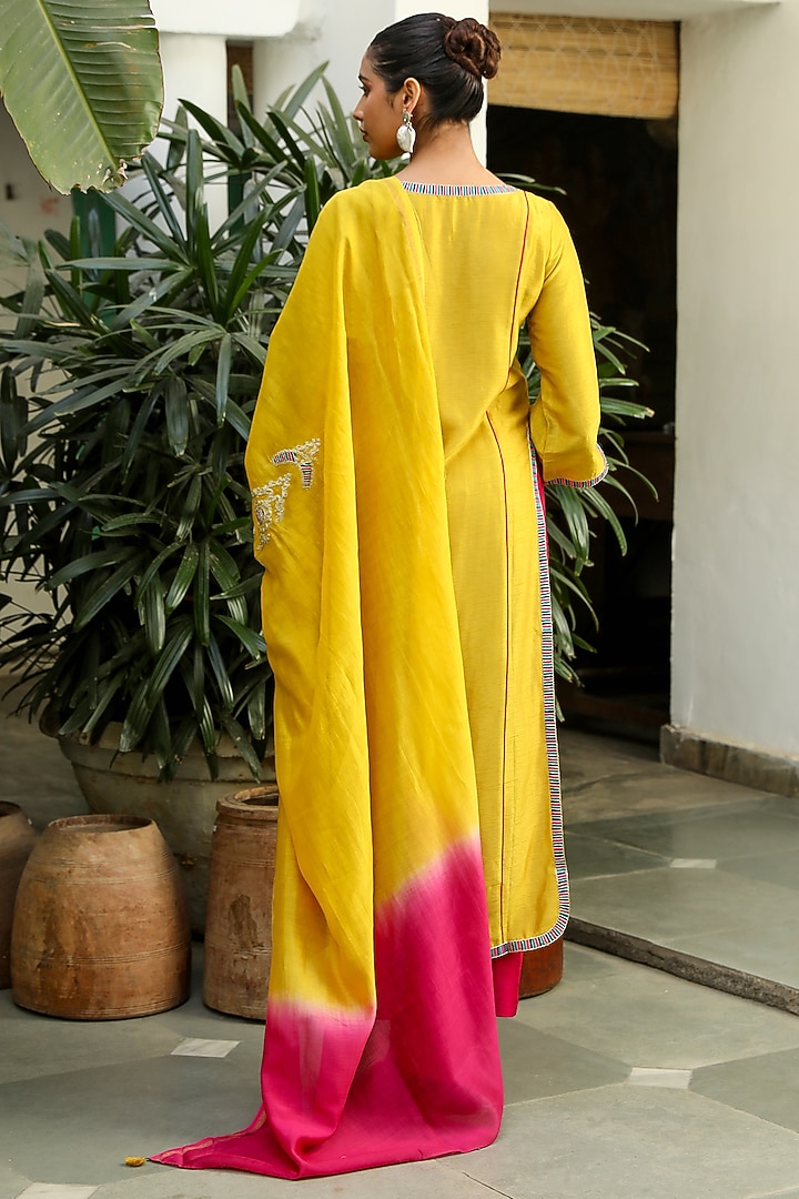 Mustard Yellow Viscose Raw Silk Resham Embroidered Kurta Set by RoohbyRidhimaa at Pernia's Pop Up Shop