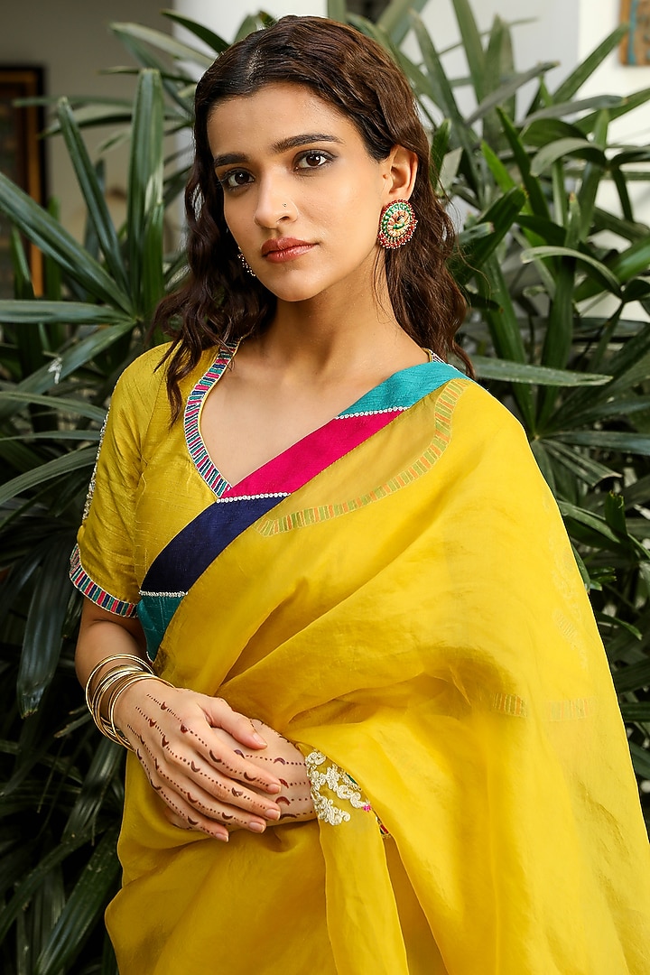Mustard Yellow Silk Organza Resham Embroidered Wedding Saree Set by RoohbyRidhimaa at Pernia's Pop Up Shop
