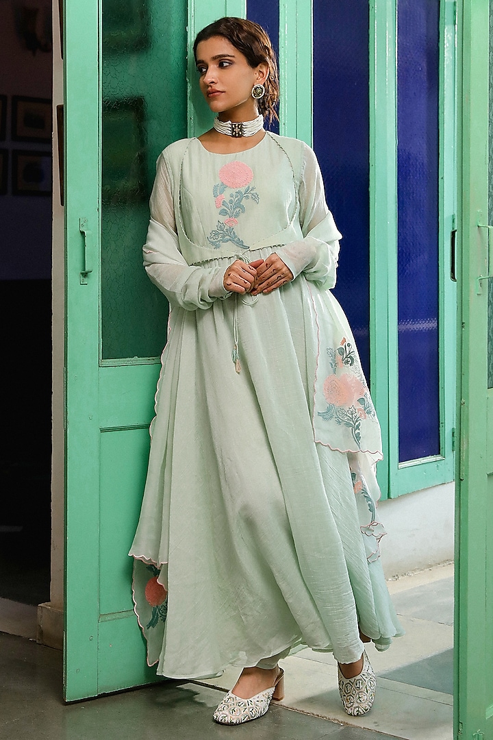 Powder Green Pure Silk Chanderi Resham Embroidered Anarkali Set by Rooh By Ridhimaa
