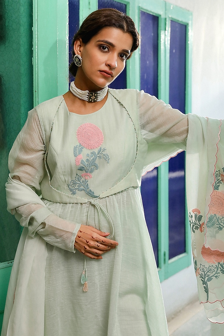 Powder Green Pure Silk Chanderi Resham Embroidered Party Wear Anarkali Set by RoohbyRidhimaa at Pernia's Pop Up Shop