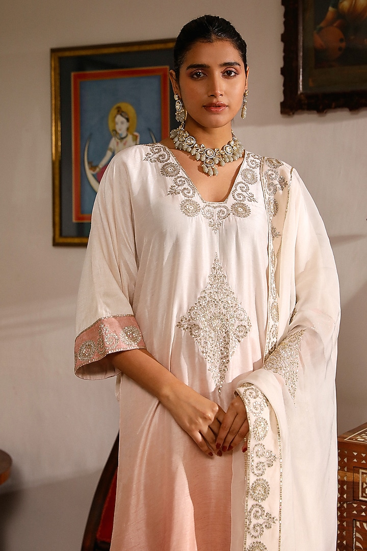 Ombre Pink Viscose Raw Silk Zari Embroidered Asymmetric Kurta Set by RoohbyRidhimaa at Pernia's Pop Up Shop