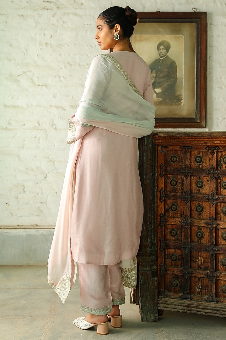 Powder Pink & Powder Green Viscose Raw Silk Dori Embroidered Kurta Set by RoohbyRidhimaa at Pernia's Pop Up Shop