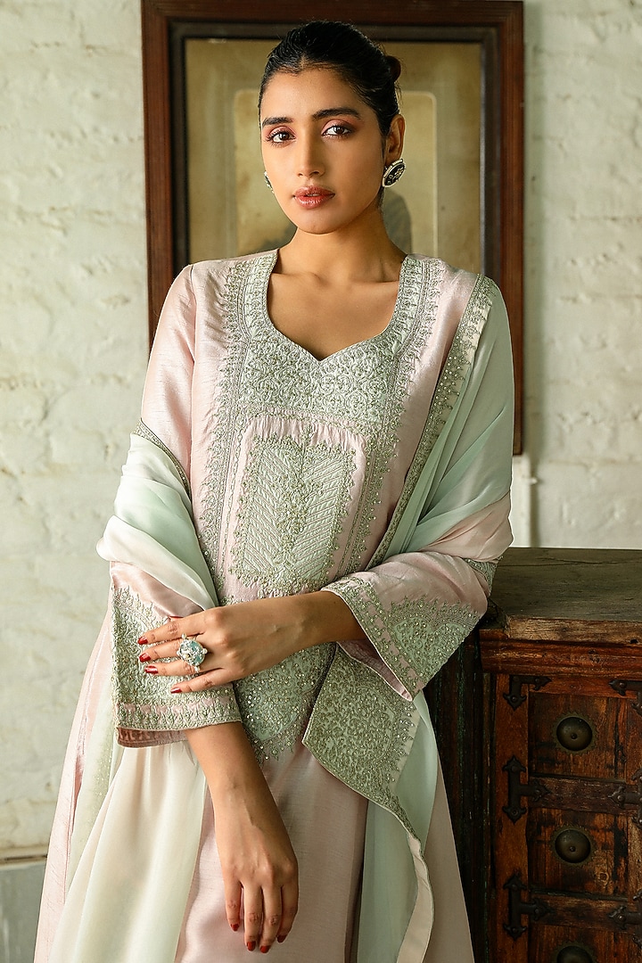 Powder Pink & Powder Green Viscose Raw Silk Dori Embroidered Kurta Set by RoohbyRidhimaa at Pernia's Pop Up Shop