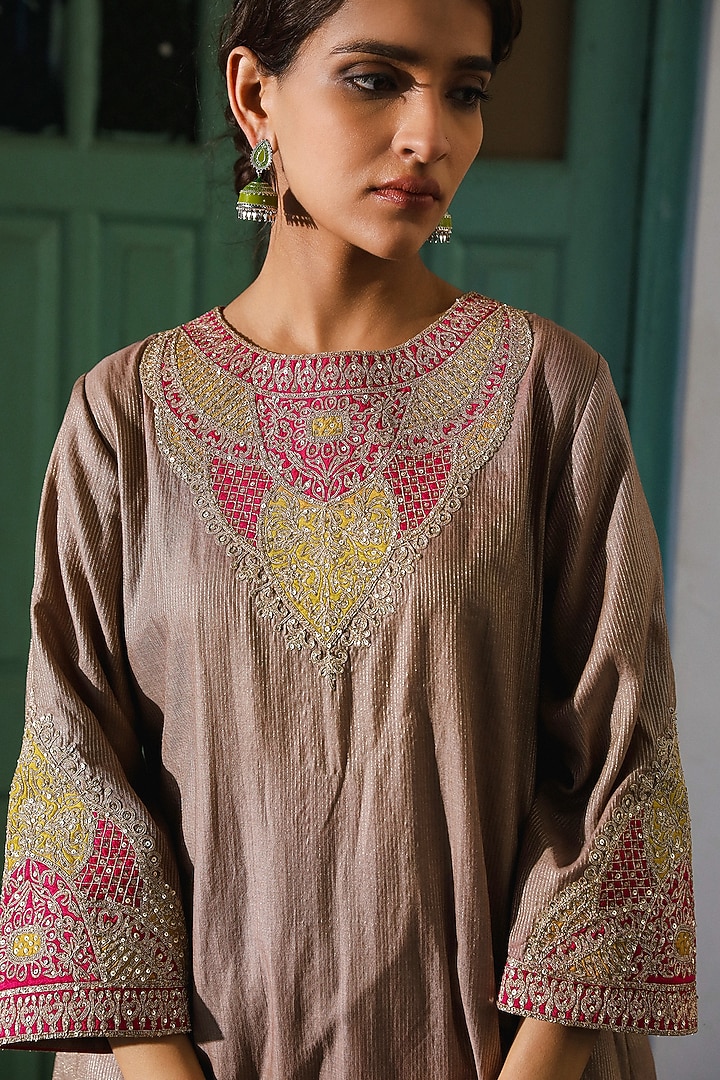 Stone Brown Silk Chanderi Wedding Sharara Set by RoohbyRidhimaa at Pernia's Pop Up Shop