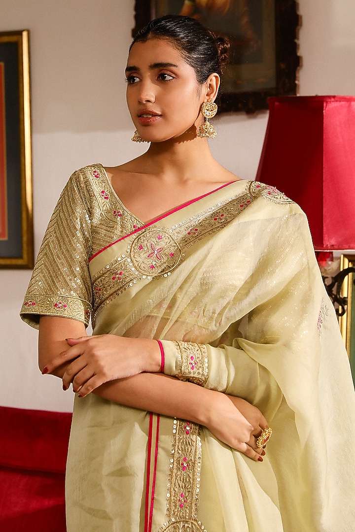 Light Green Viscose Raw Silk Sequins Embroidered Wedding Saree Set by RoohbyRidhimaa at Pernia's Pop Up Shop