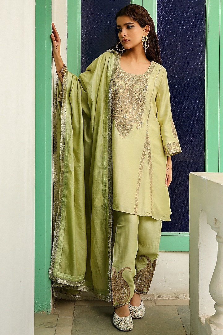 Pistachio Green Viscose Raw Silk Zari Embroidered Kurta Set by Rooh By Ridhimaa