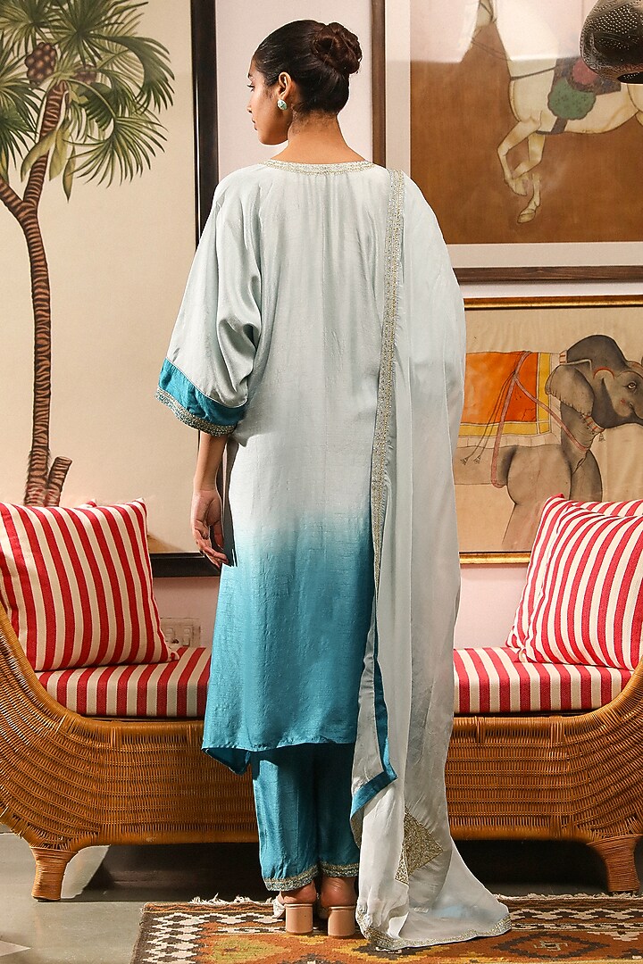 Ombre Blue Viscose Raw Silk Zari Embroidered Asymmetric Kurta Set by RoohbyRidhimaa at Pernia's Pop Up Shop