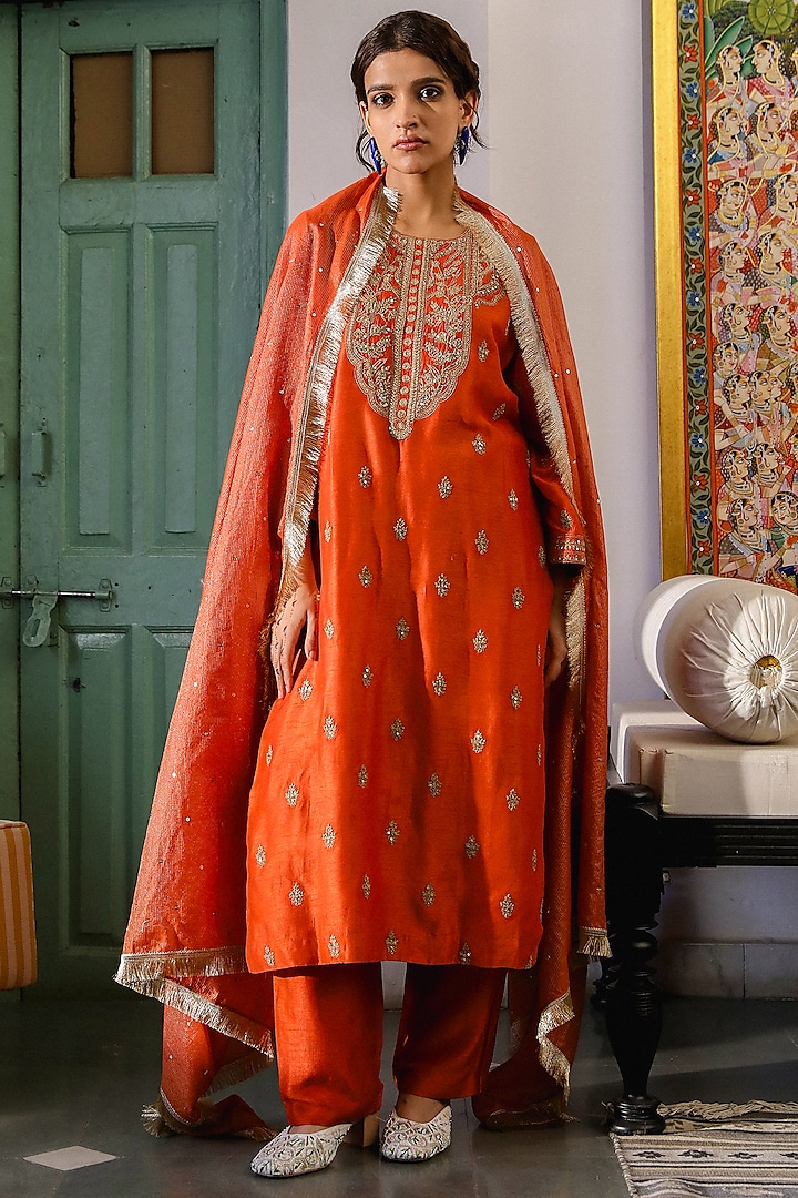 Tangerine Orange Viscose Raw Silk Zari Embroidered Kurta Set by Rooh By Ridhimaa